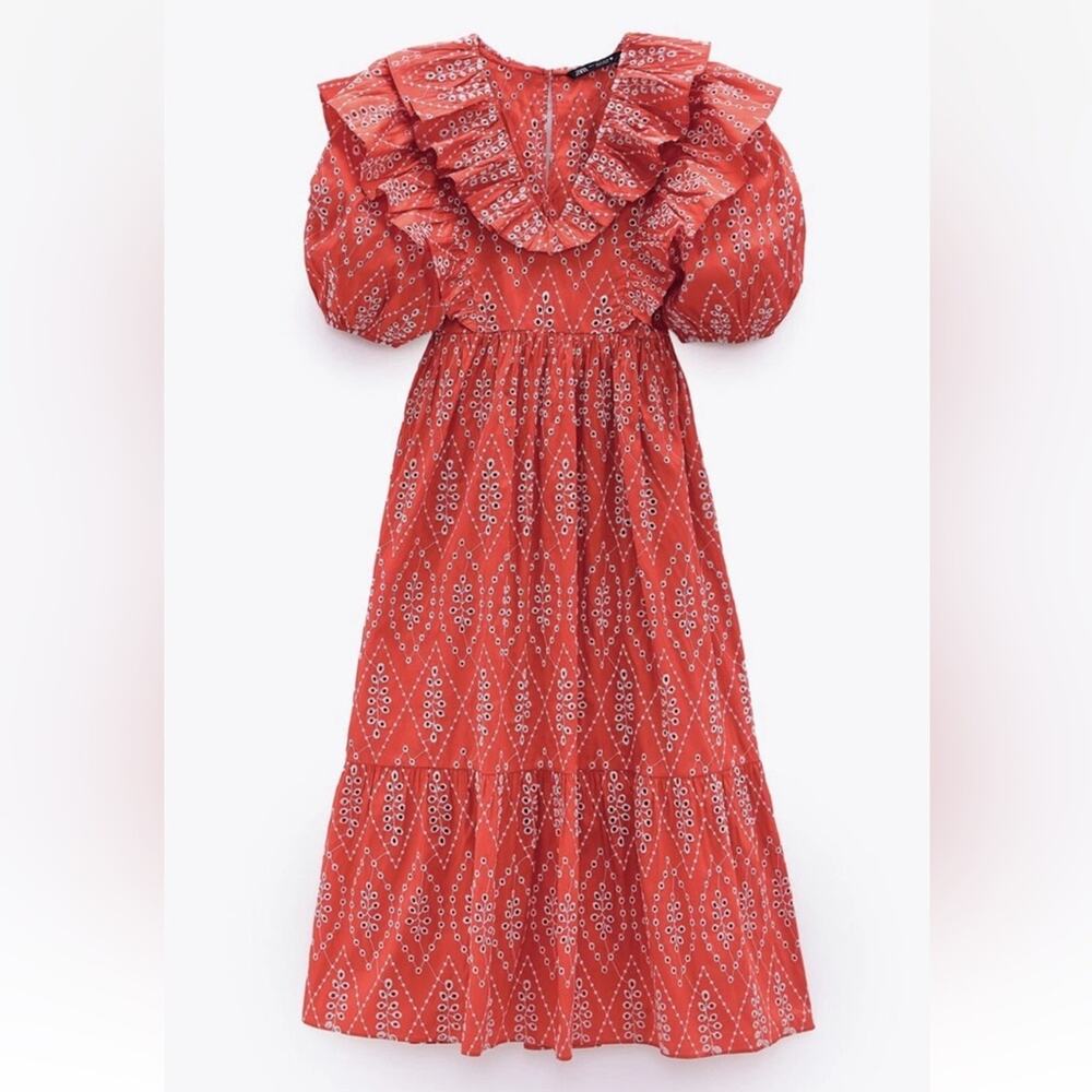 ZARA Red & White Eyelet Ruffle Puff Sleeve Short Sleeve Midi Dress Size XS - Picture 2 of 8